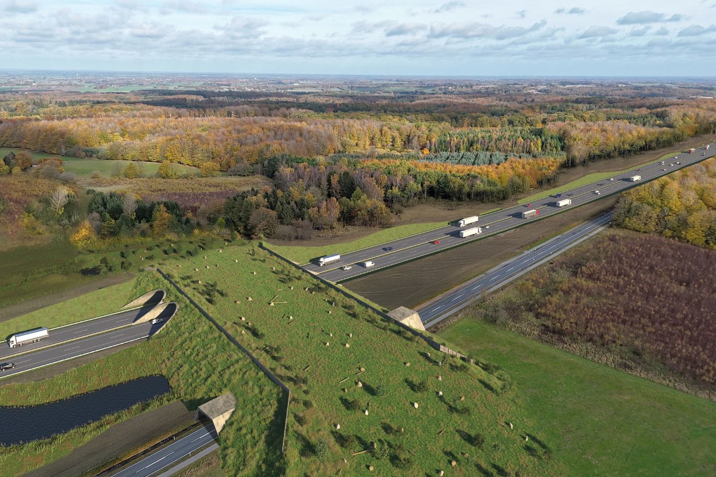 Visualisering af, hvordan den kommende motorvej kommer til at gå ved Boserupskoven. Kilde: Vejdirektoratet.