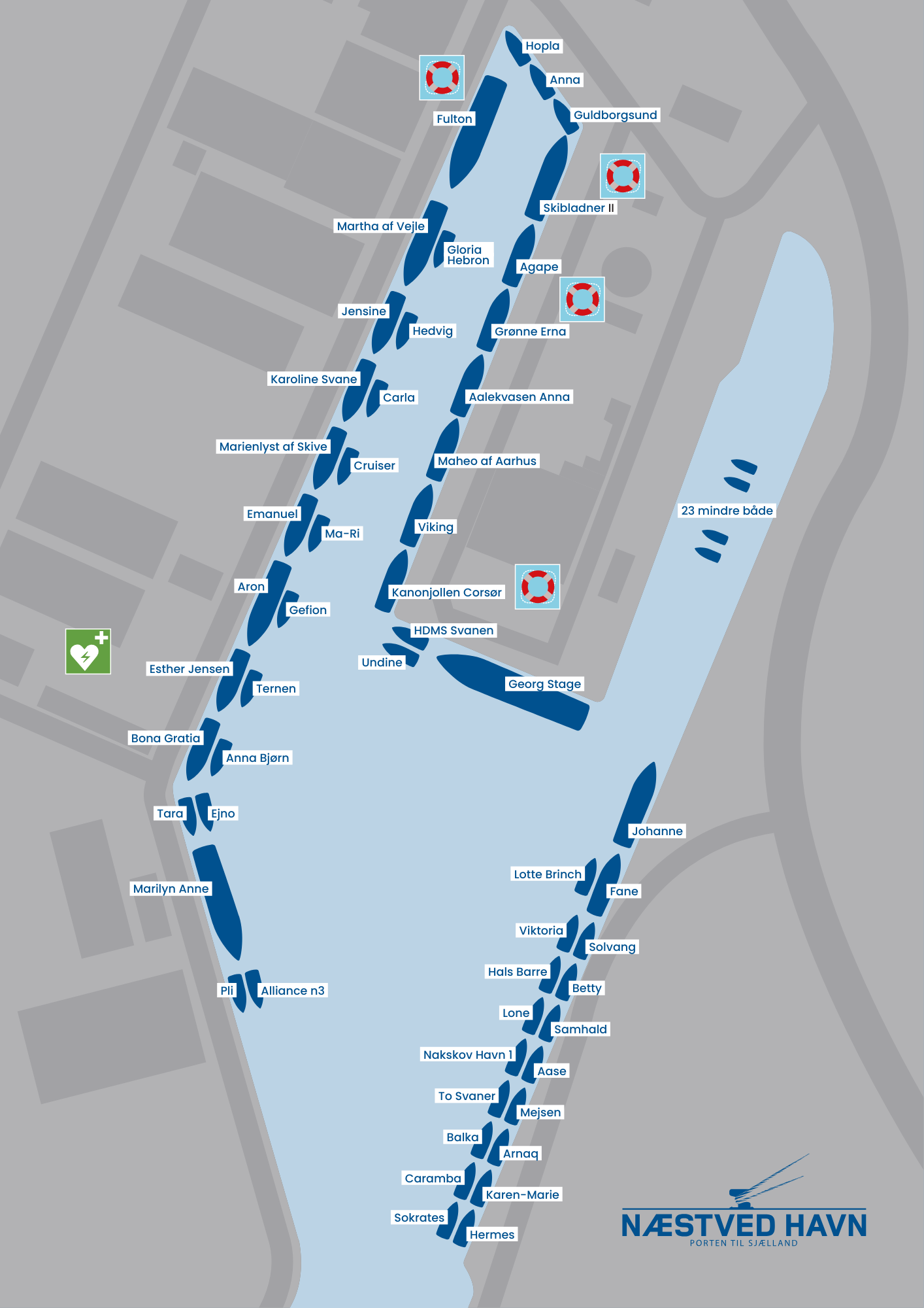 Billedet fra Næstved Havn fortæller, hvordan de besøgende skibe kommer til at ligge