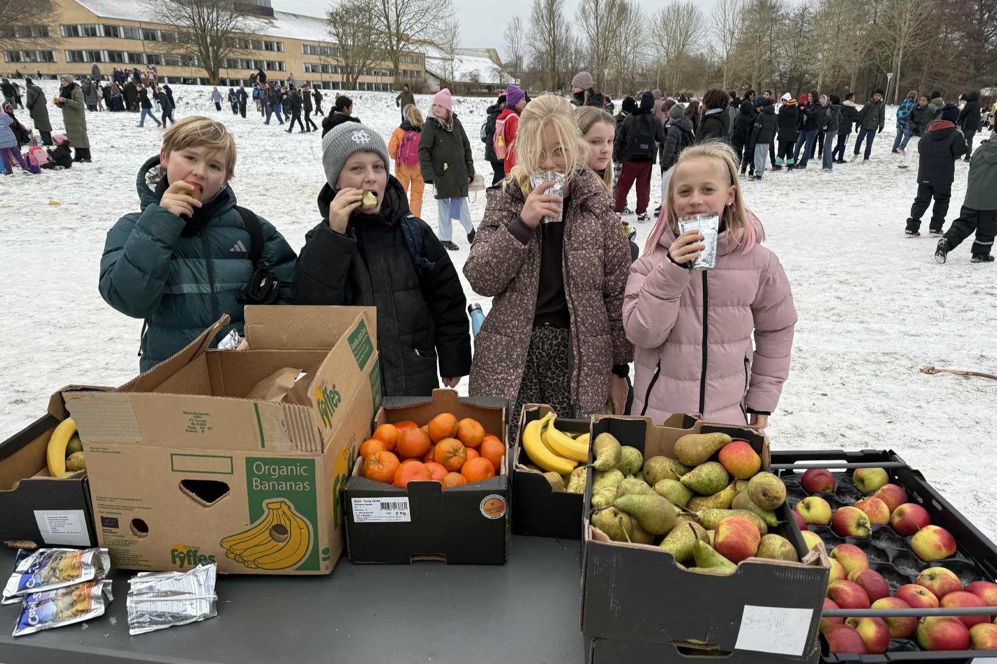 Fra venstre: Emil Halling, Conrad Gundelach Therkildsen, Sally Alis Beck og Mynthe Emilie Oppermann Kjer fra 4.B på Lille Næstved Skole Afd. Digtervej fik velfortjent frugt og juice efter gåturen.