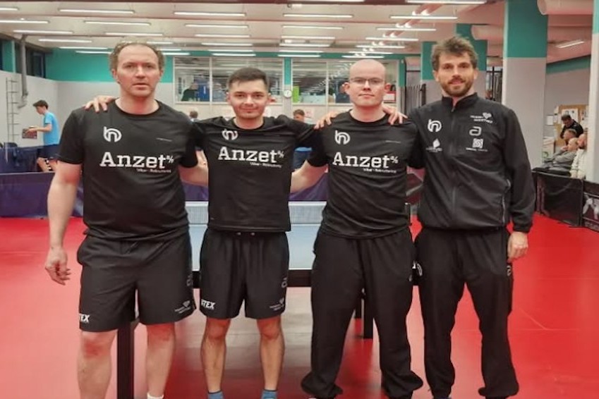 Næstved-holdet, der slog Herlev i den første semifinale. Fra venstre: Yannick Vostes, Tomas Koldas, Charlie Carlsson og Michal Obeslo. Foto: Næstved Bordtennis