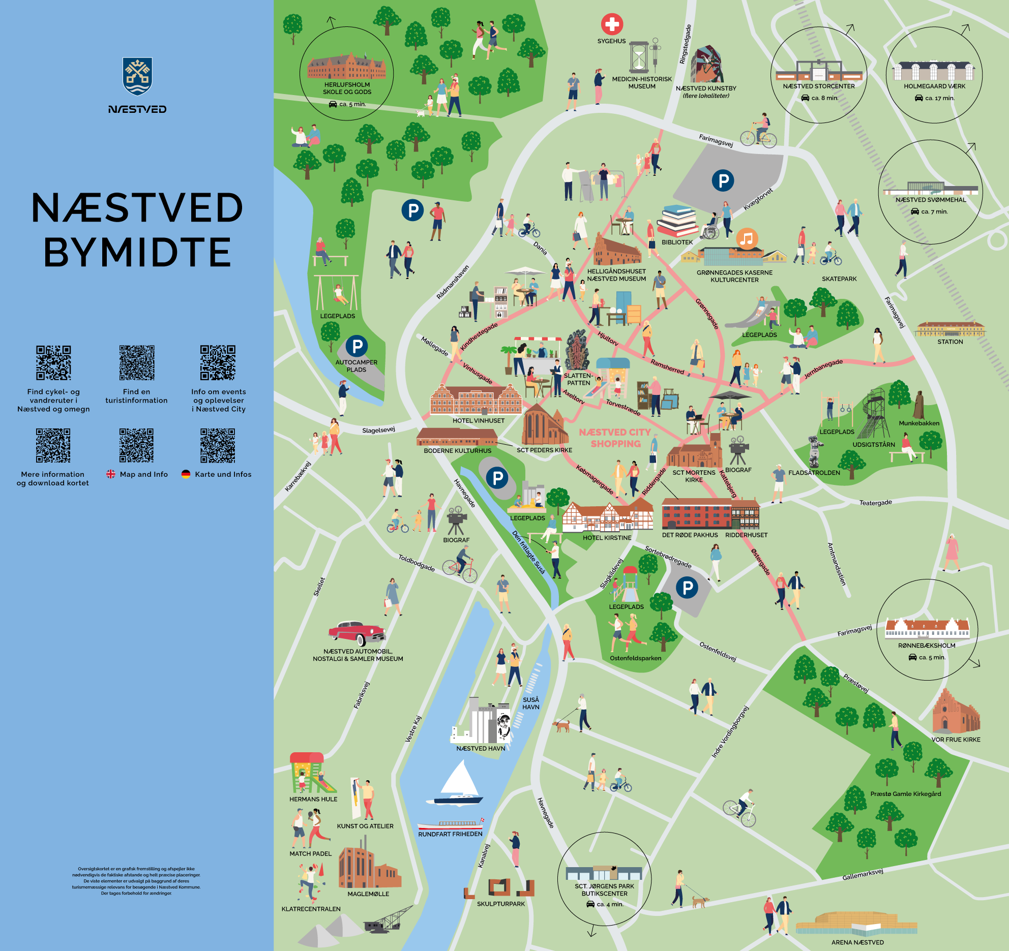 På oplevelsesskiltet ved Den Fritlagte Suså ses på den anden side seværdigheder i Næstved by.