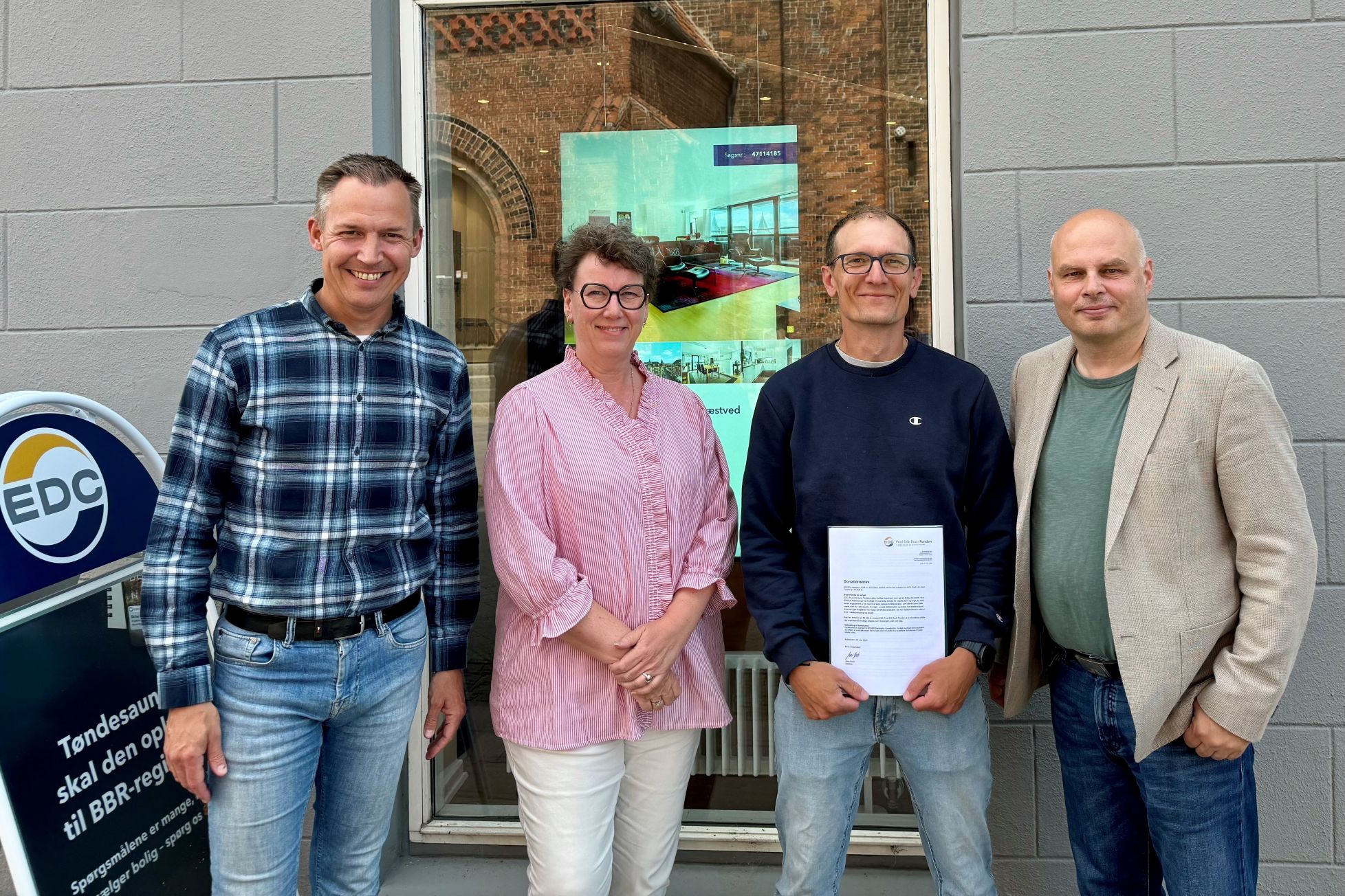 Fra venstre er det EDC Erhvervspartner Martin Andersen, direktør i EDC Poul Erik Bech Fonden Jane Bech, Mads Lundborg Mikkelsen fra BROEN og EDC-partner Thomas Pedersen.