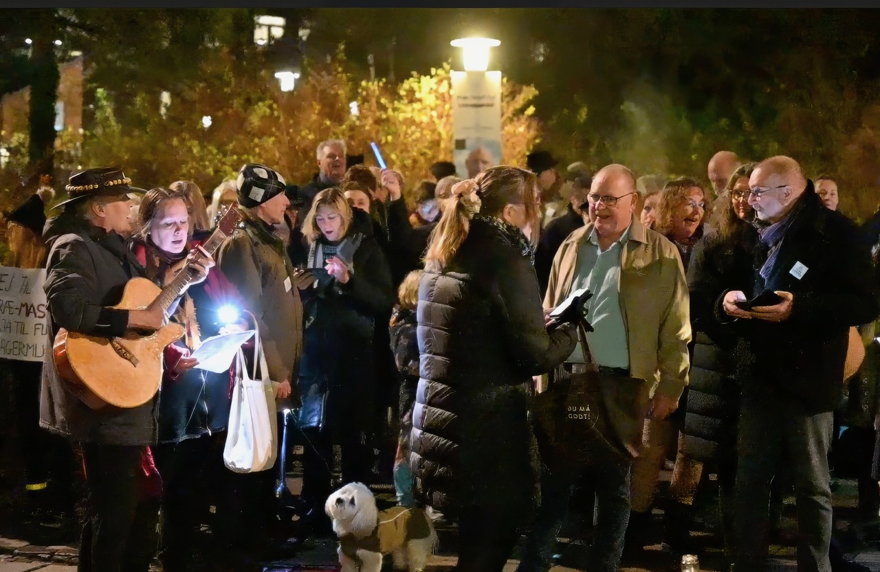 De fredelige demonstranter havde guitarist med til deres sange. Foto: Christian Brøndum