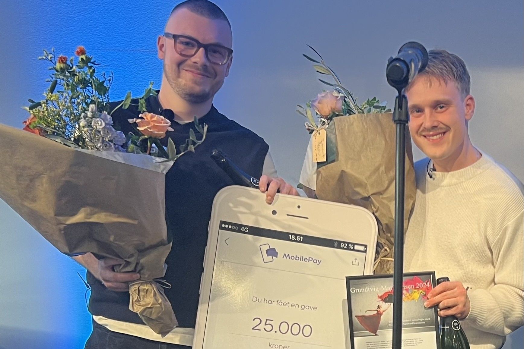 Lauge Kjærulf (t.v.) og Valentin Buchwald fik sidste års Grundtvig-Mariepris. Foto: Presse
