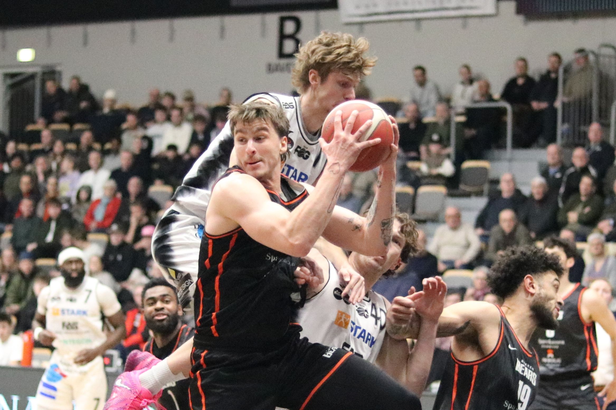 Bakken Bears' stærke mand, Sylvester Berg, sikrer sig bolden for næsen af Cole Bajema. Foto: John Ringstrøm
