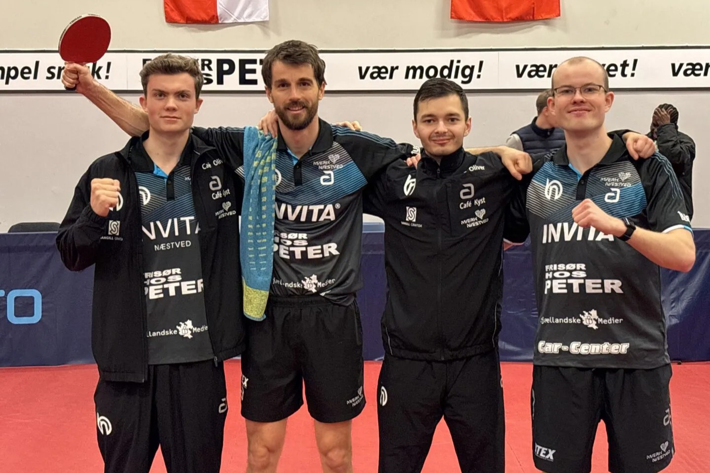 Jacob Petersen, Michal Obeslo, Tomas Koldas og Charlie Carlsson besejrede Amager 5-1. Foto: Næstved Bordtennis