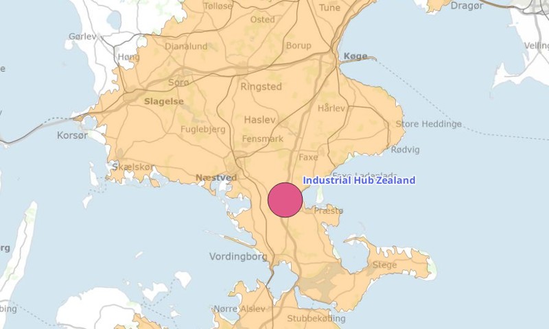 Industrial Hub Zealand ligger centralt placeret med potentiel adgang til højt kvalificeret arbejdskraft indenfor pendlerafstand under en time fra hovedstaden illustreret ved det grønne område. Illustration: Næstved Kommune